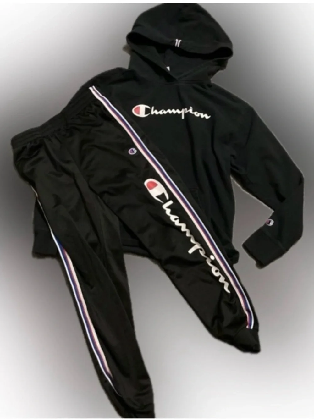 Champion Black Hoodie & Track Pants Set with White and Red Logo Youth Size M